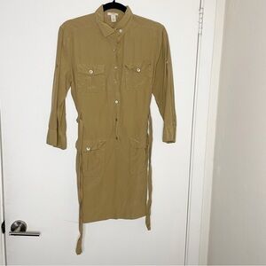 J. Crew khaki silk safari style button down mini dress M belt women’s 8